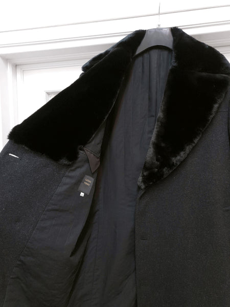1990s Asymmetric Chesterfield Coat with Faux Fur Lapels in Loden Wool