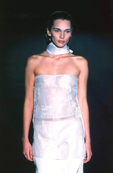 1999 Tie-Neck Tube Top with Straps and Hand-Beaded Detail in Silk Chiffon