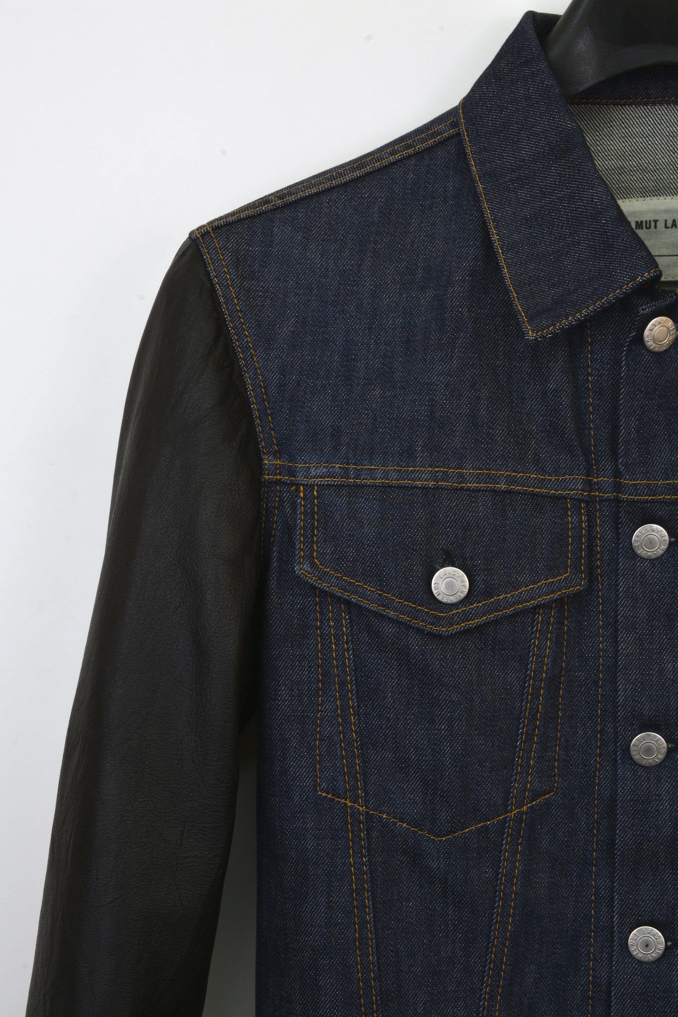 2004 Coated Raw Denim Slim Classic 2-Pocket Jacket with Leather Sleeves