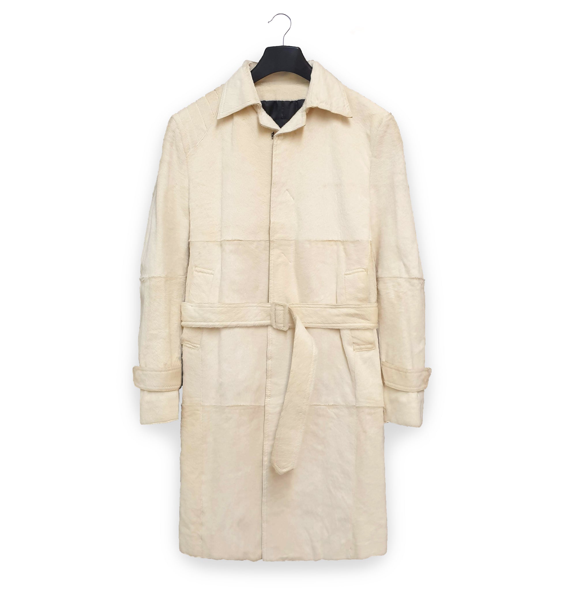 2000 Belted Car Coat with Asymmetric Hunting Panel in Goat Fur