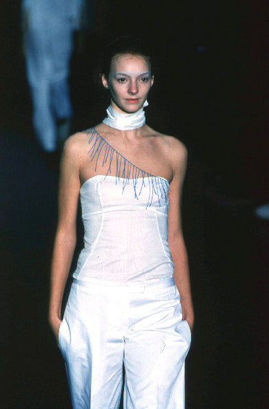1999 Tie-Neck Tube Top with Straps and Hand-Beaded Detail in Silk Chiffon